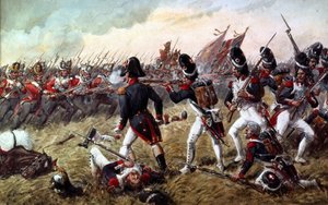 Das 3. Regiment der Fußgardisten wehrt den letzten Angriff der alten Garde in der Schlacht von Waterloo am 18. Juni 1815 ab